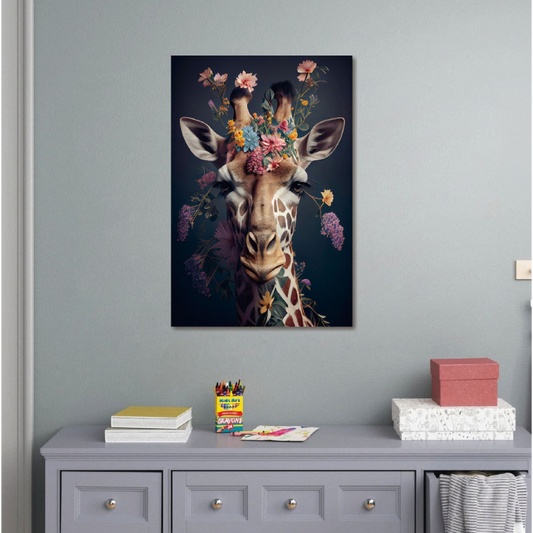 Giraffe with Flowers Glass Wall Art - H90 x W60 cm