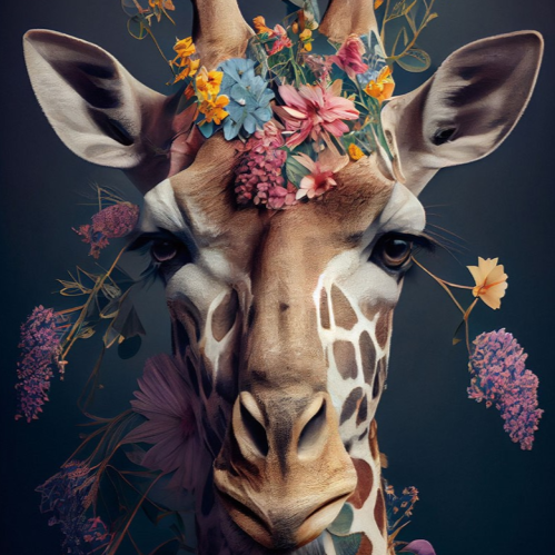 Giraffe with Flowers Glass Wall Art - H90 x W60 cm