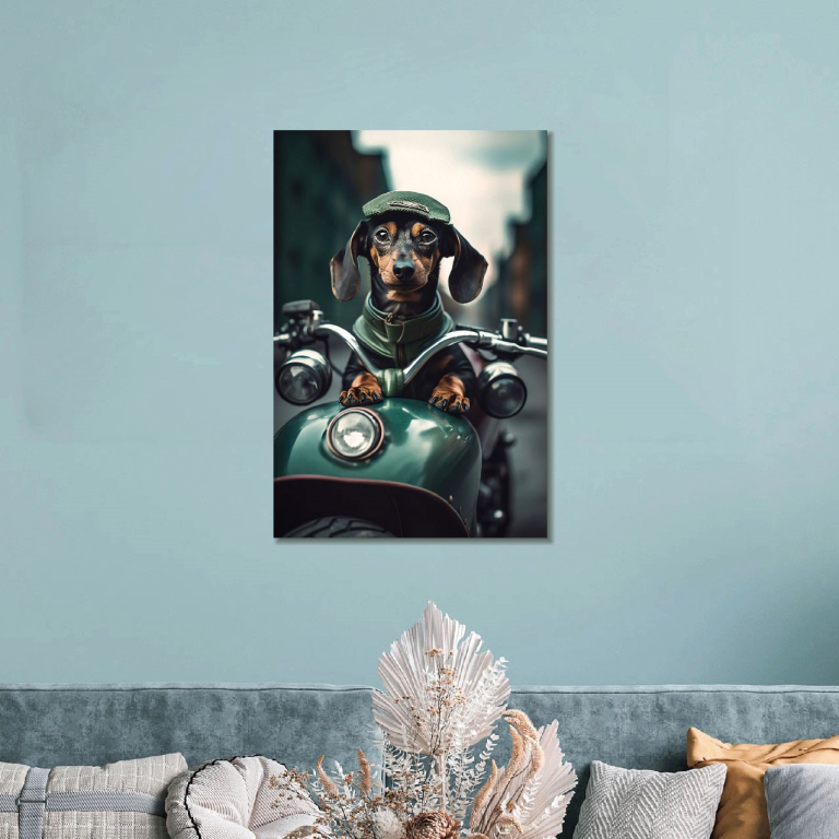 Motorbike Dachshund Glass Wall Art - H90 x W60 cm