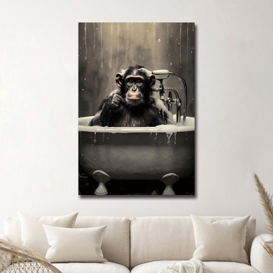 Chimp in a Bath Glass Wall Art – H60 x W40 cm