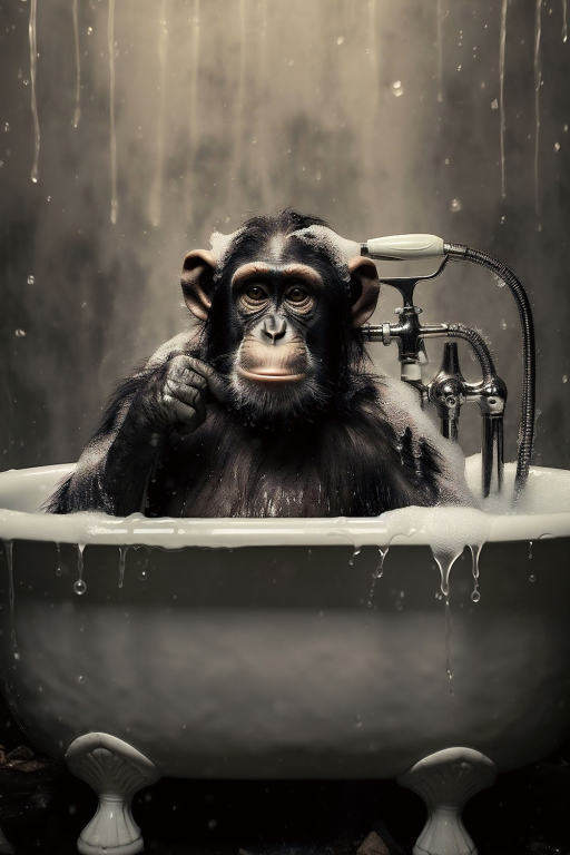 Chimp in a Bath Glass Wall Art – H60 x W40 cm