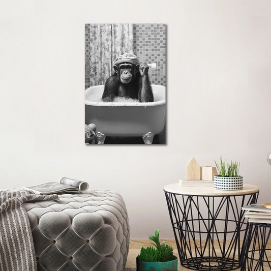 Chimp in a Bath Glass Wall Art – H60 x W40 cm