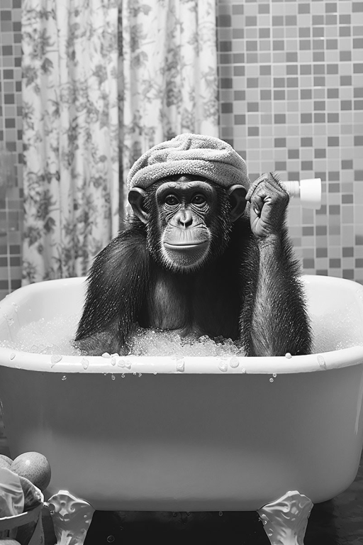 Chimp in a Bath Glass Wall Art – H60 x W40 cm