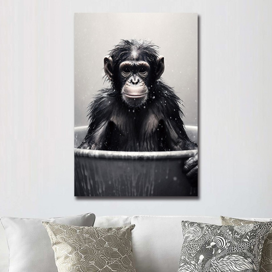 Chimp in a Bath Glass Wall Art – H60 x W40 cm