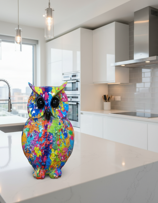 Colorful owl-shaped object on a wooden surface with a plant in the background