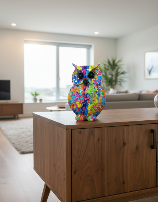 Colorful owl-shaped object on a wooden surface with a plant in the background