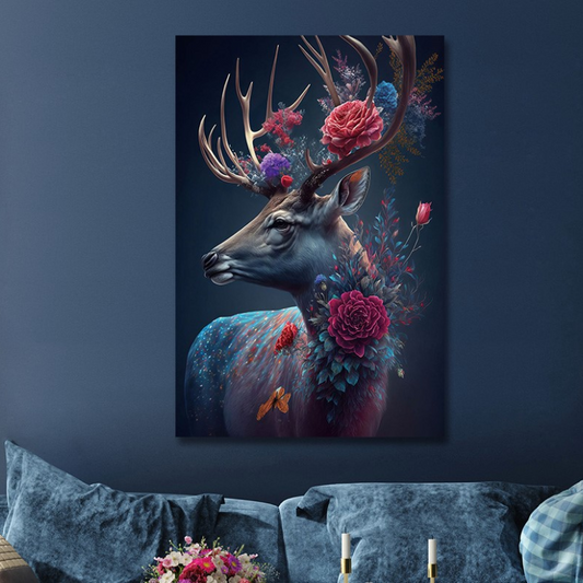 Flower Deer Glass Wall Art - H90 x W60 cm