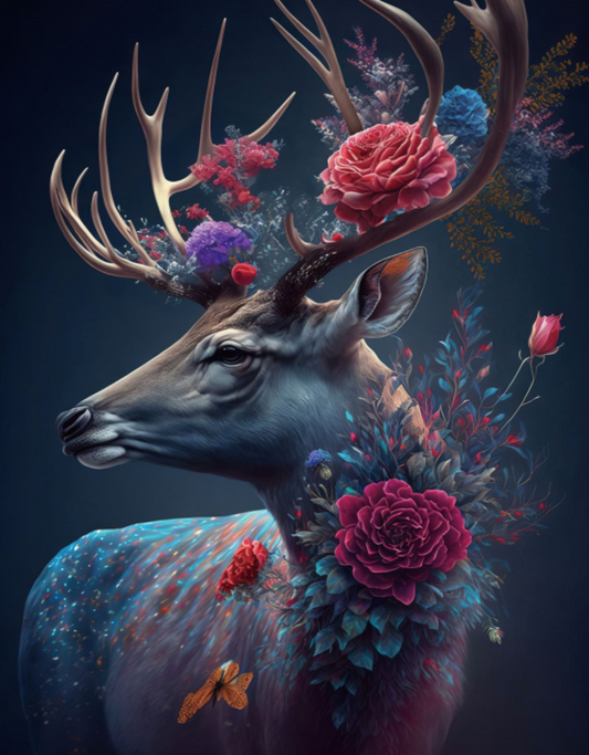 Flower Deer Glass Wall Art - H90 x W60 cm