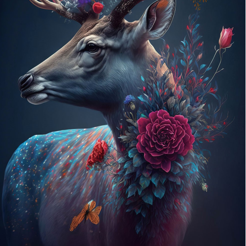 Flower Deer Glass Wall Art - H90 x W60 cm