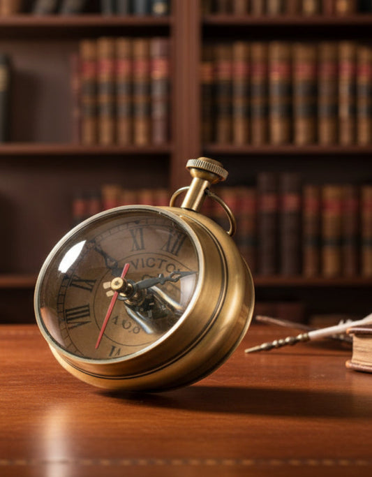 Antiqued Brass Magnified Table Clock