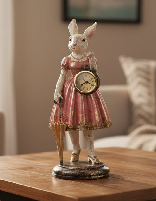 Lady White Rabbit Standing Clock Figure