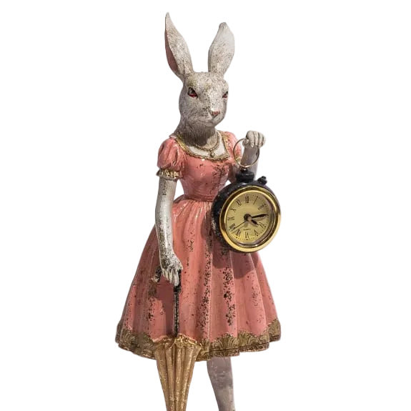 Lady White Rabbit Standing Clock Figure