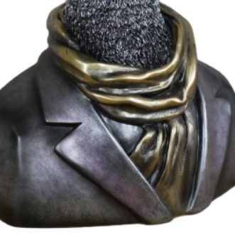 Statue of an ostrich wearing a suit on a white background