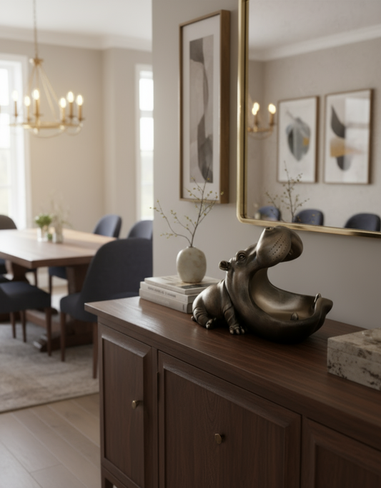 A decorative bronze-colored hippo bowl with a large mouth, designed to hold snacks or keys, placed on a wooden surface.