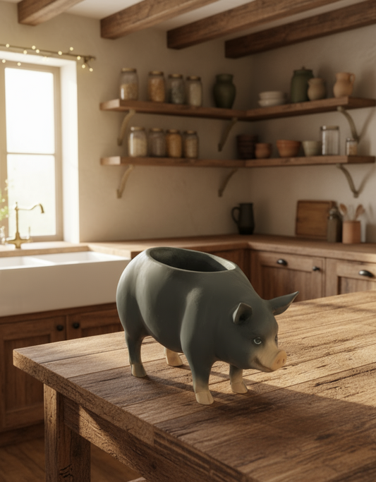 A pig-shaped resin storage bowl, with a beige and brown color scheme, placed on a wooden surface.