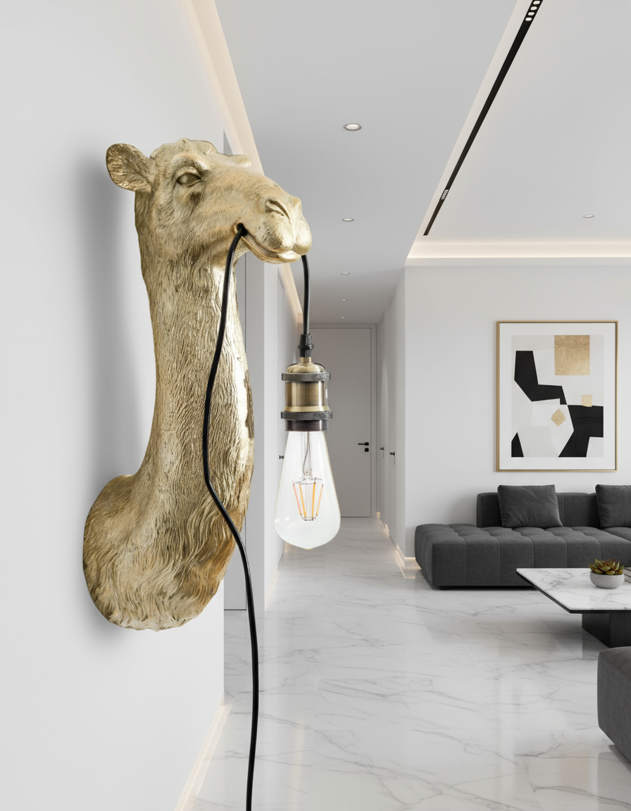 A wall-mounted camel head light in antique gold color, with a resin material and an E27 bulb.