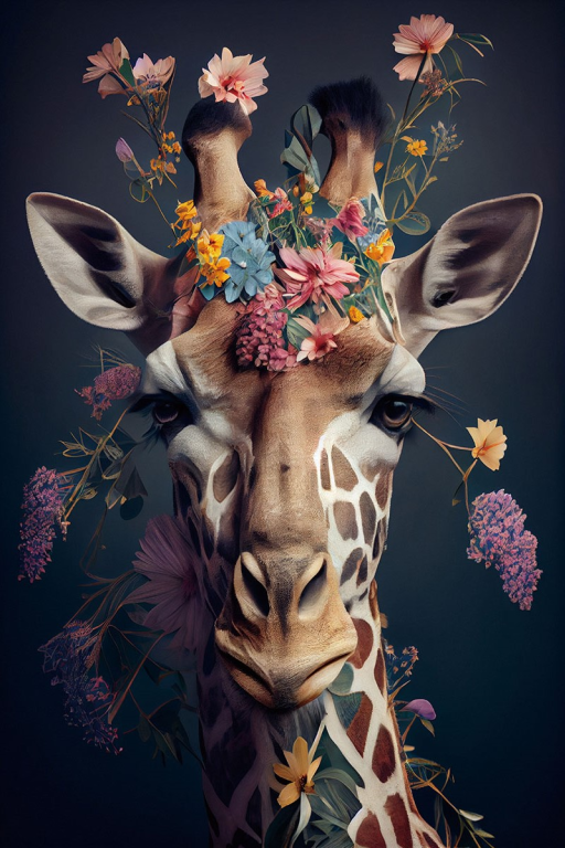Giraffe with Flowers Glass Wall Art - H90 x W60 cm