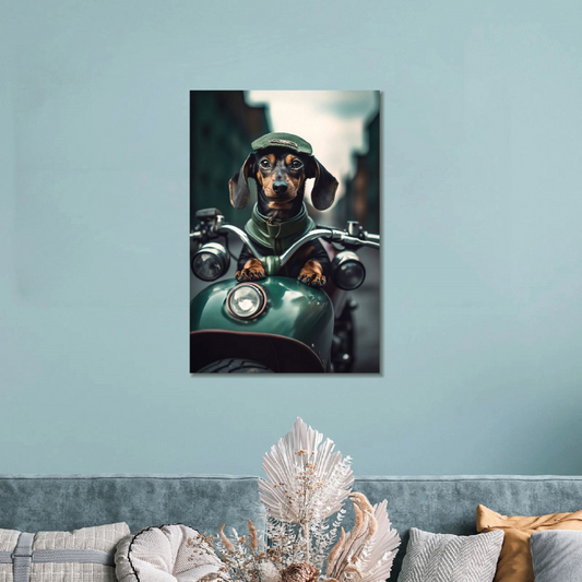 Motorbike Dachshund Glass Wall Art - H90 x W60 cm