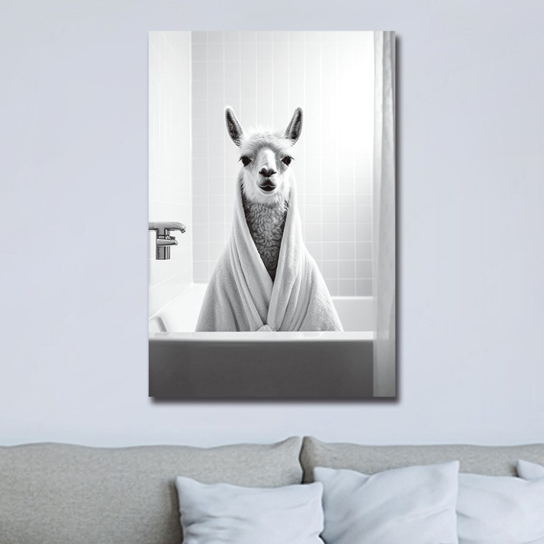 Llama in a Bath Glass Wall Art – H60 x W40 cm
