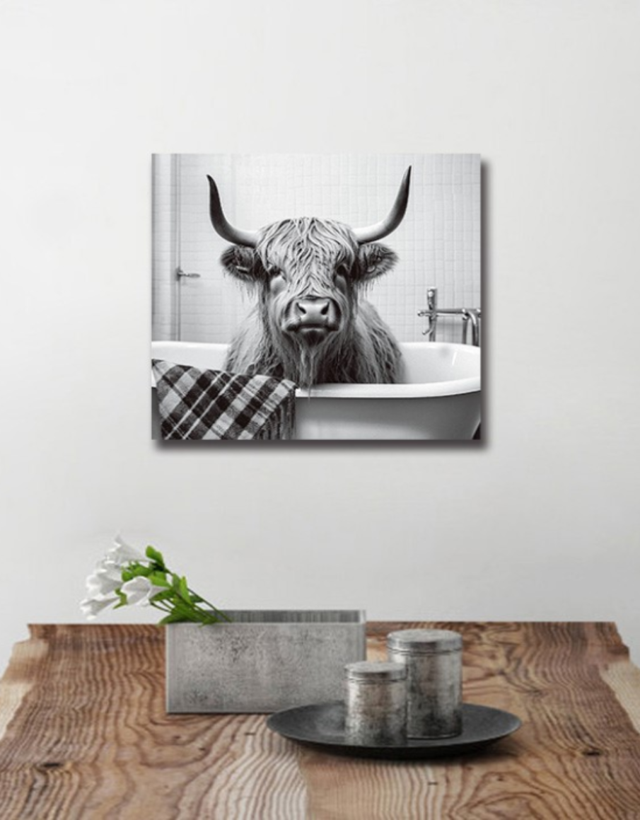 Cow in Bath Glass Wall Art - H30 x W30 cm