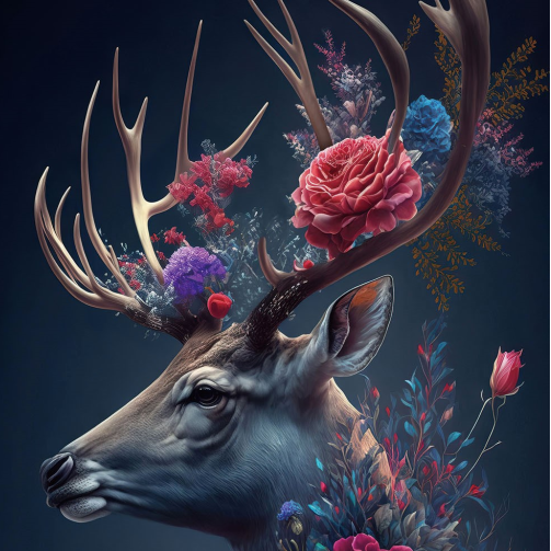 Flower Deer Glass Wall Art - H90 x W60 cm