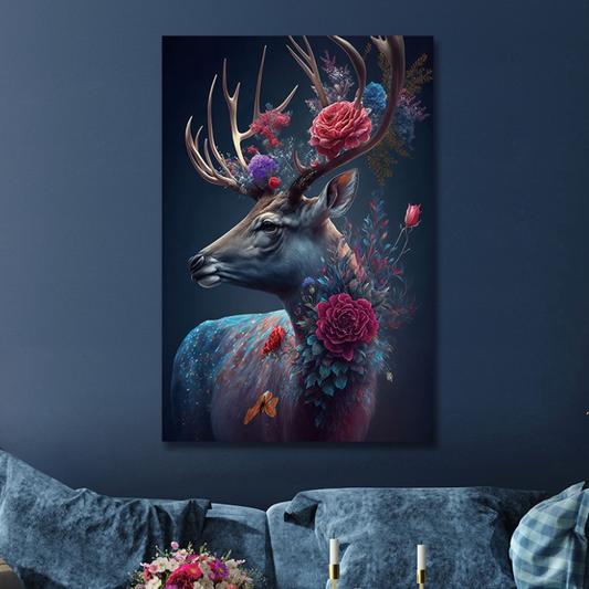 Flower Deer Glass Wall Art - H90 x W60 cm