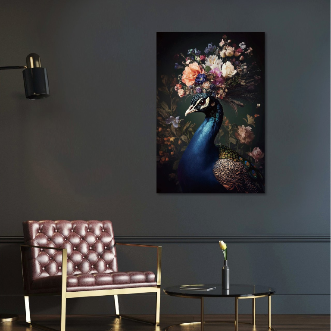 Peacock Glass Wall Art - H90 x W60 cm