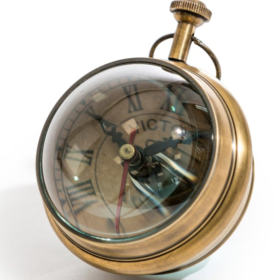 Antiqued Brass Magnified Table Clock