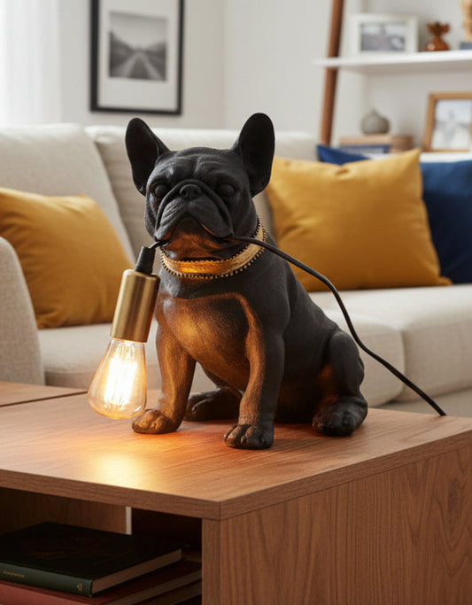 Matt Black & Gold Pug Table Lamp