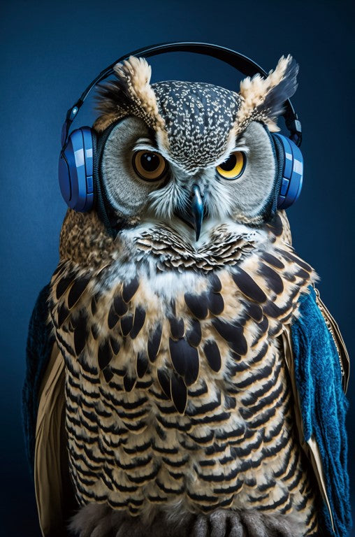 Headphones Owl Glass Wall Art  - H120 x W80 cm - Holmes and Wilson Ltd